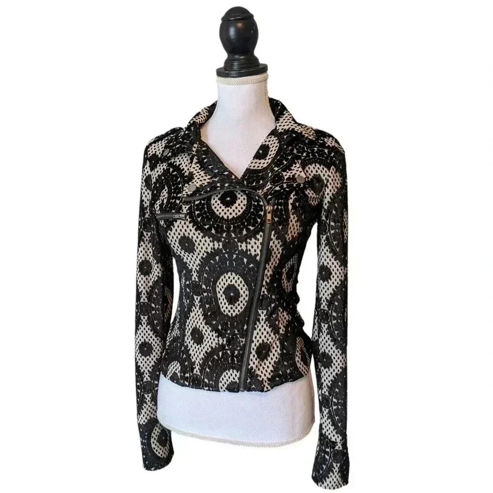 SYLK Beige Tan Black Demask Velvet Burnout Moto Jacket Sz Small Boho Free People